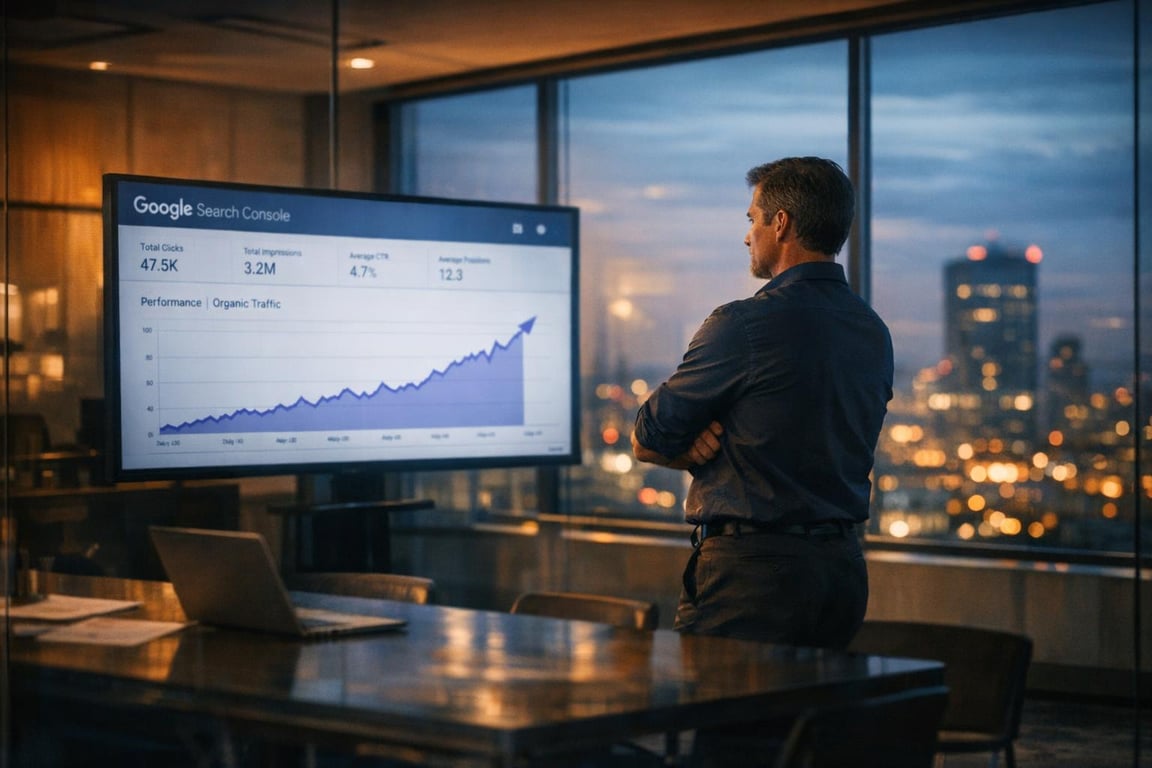 Man analyzing rising Google Search Console organic traffic and performance graph on large screen in modern office.