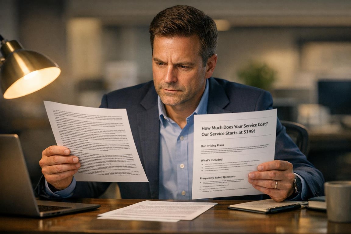 Man in business attire reviewing pricing and service documents at a desk with laptop and desk lamp.