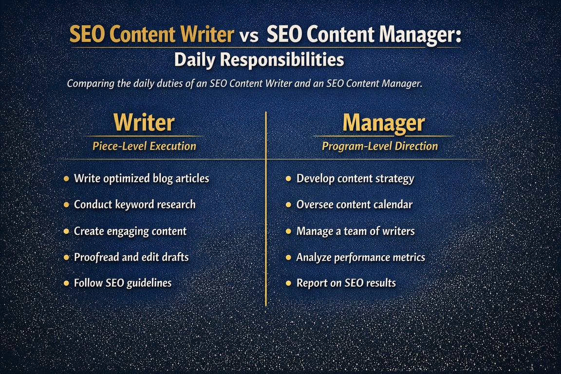 SEO Content Writer duties include writing optimized articles and keyword research, while SEO Content Manager focuses on strategy and team management.