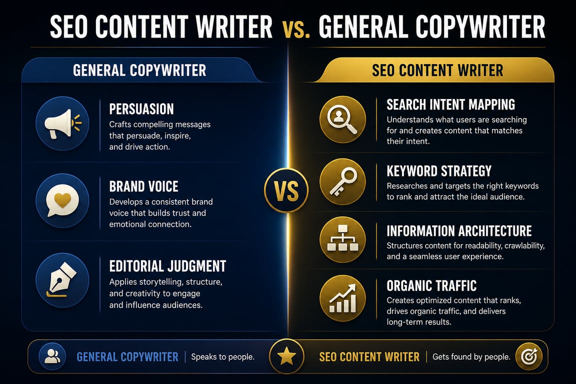 Infographic comparing SEO content writer responsibilities to general copywriter tasks across key skill dimensions