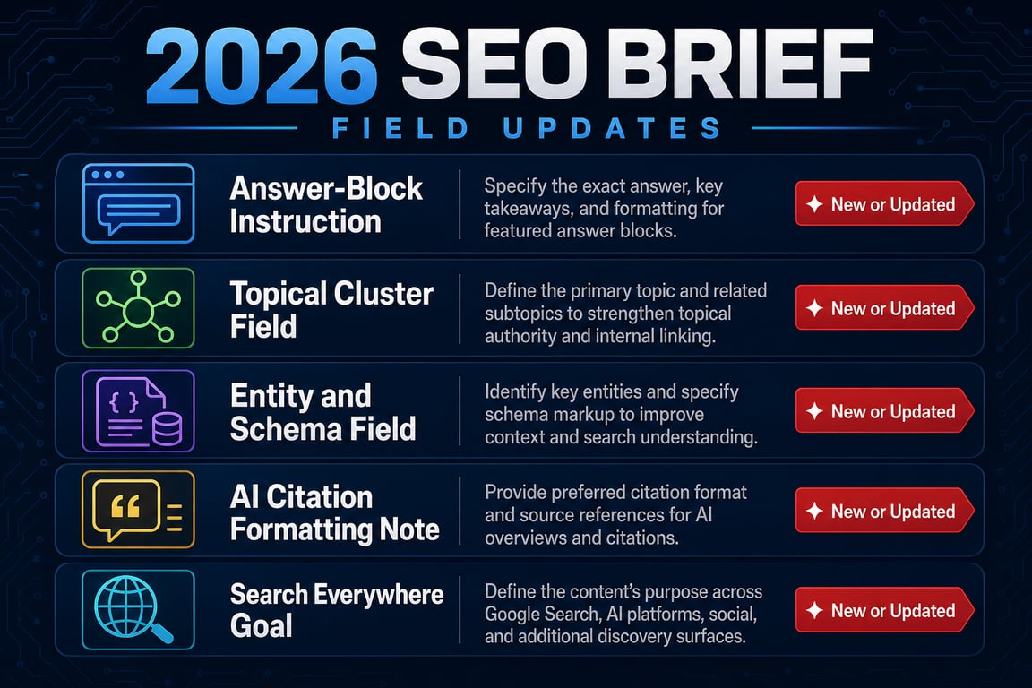 SEO brief field updates infographic — seo brief requirements 2026 evolution