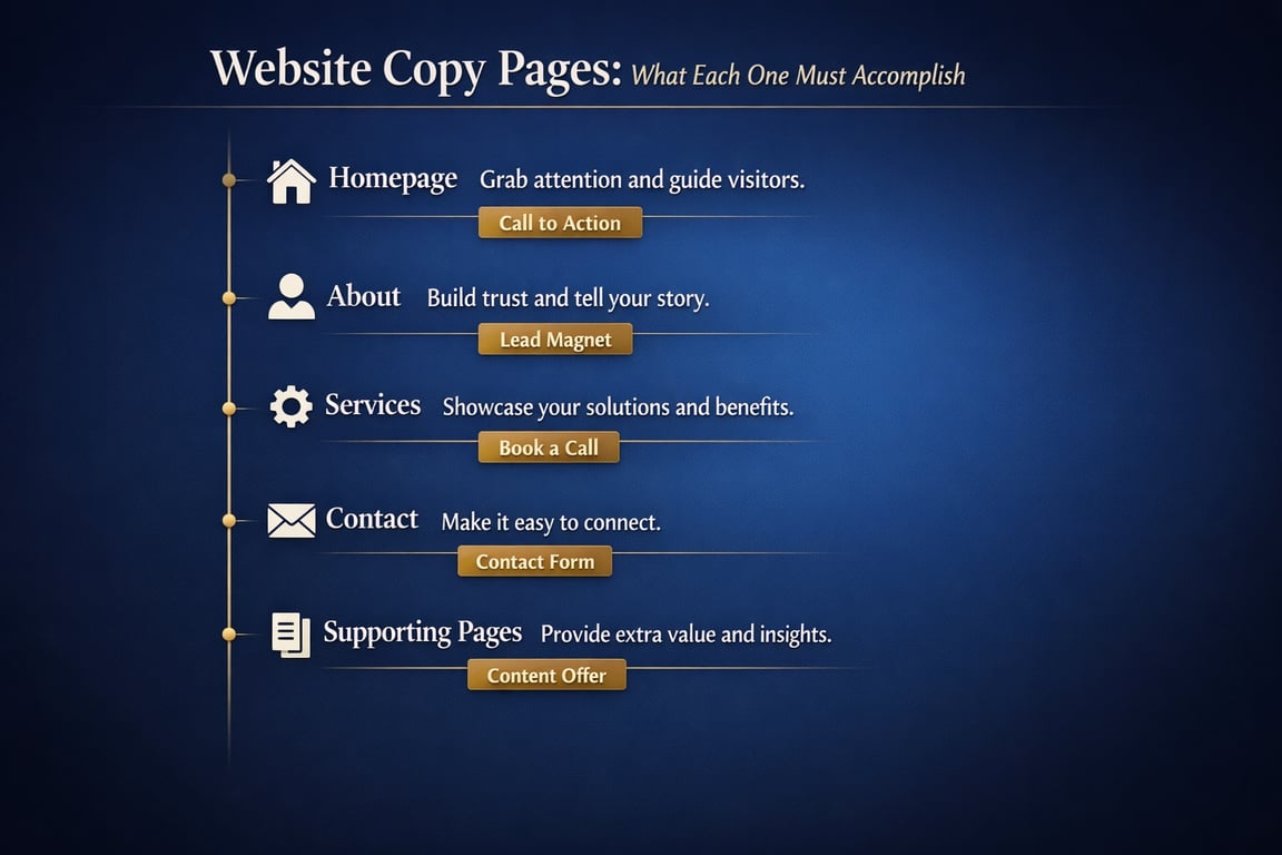 Website copy pages explained with goals: Homepage (Call to Action), About (Lead Magnet), Services (Book a Call), Contact (Contact Form), Supporting Pages (Content Offer).