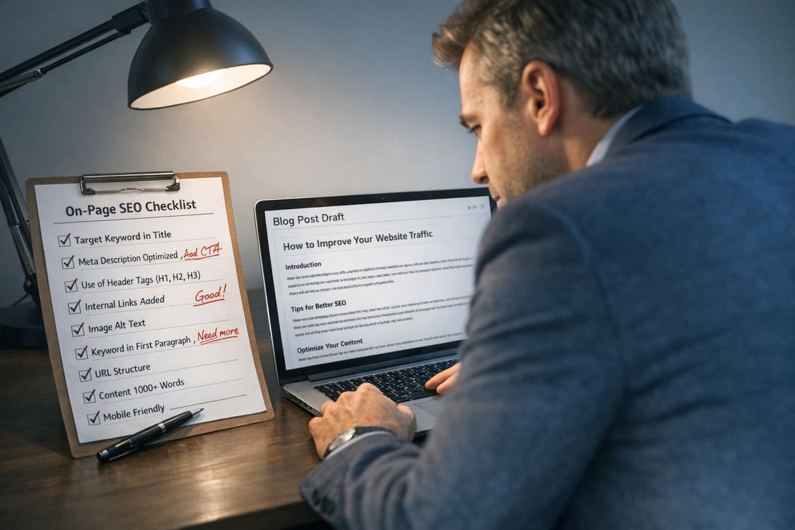 Man working on a laptop with a blog post draft while referencing an on-page SEO checklist on a clipboard.