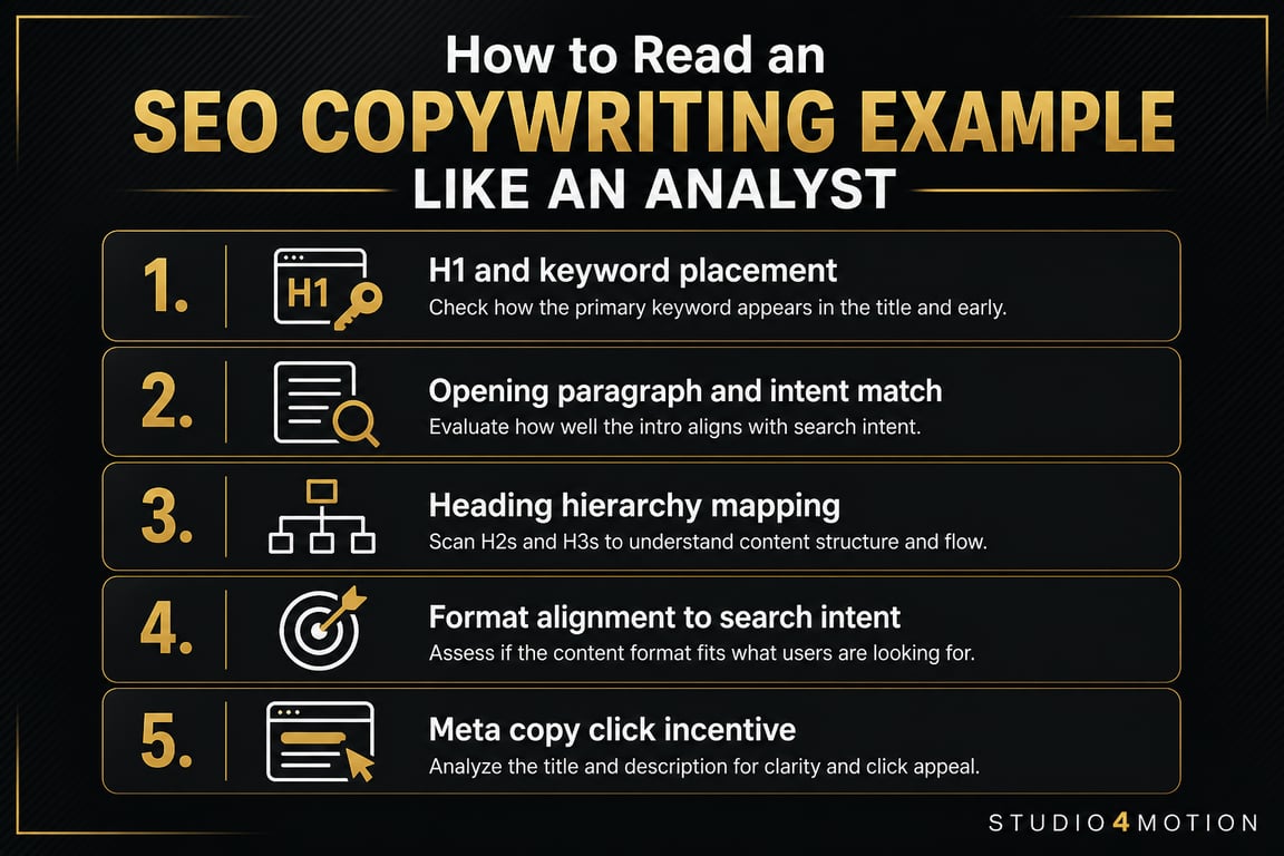 Five-step checklist infographic for analyzing SEO copywriting examples, covering H1, intent, headings, format, and meta copy