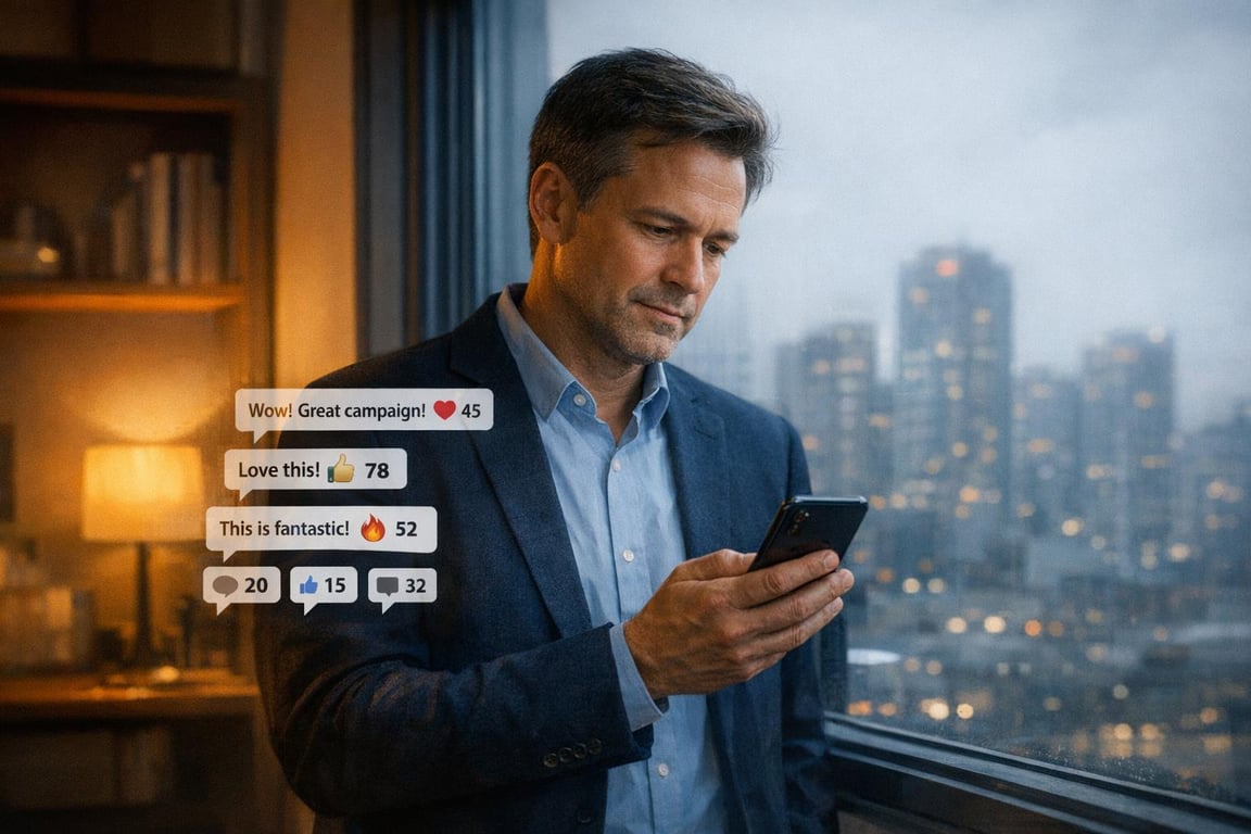 Man in business attire standing by window using smartphone with social media comments and reactions overlaid.