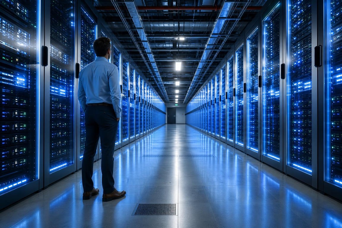 Man in blue shirt standing in a high-tech data center hallway surrounded by illuminated server racks.