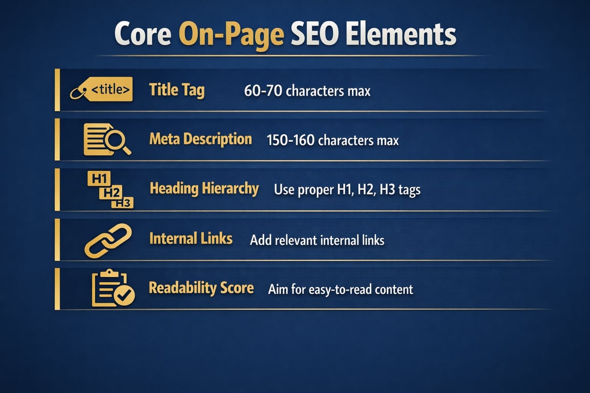 Core on-page SEO elements including title tag, meta description, heading hierarchy, internal links, and readability score guidelines.