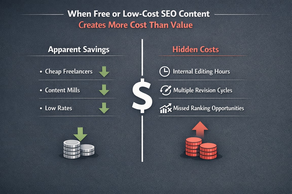 Comparison of apparent savings from cheap SEO content versus hidden costs like editing hours and missed ranking opportunities.