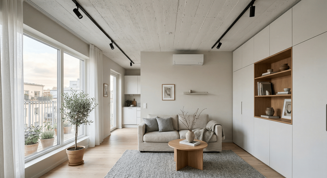 小坪數住宅採用軌道燈與簡約天花板設計示意