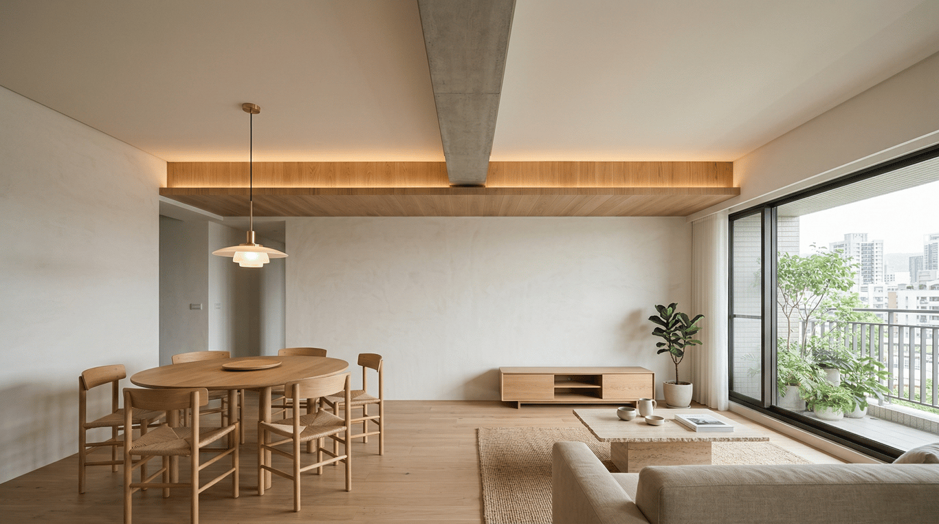 輕裝潢天花板設計與保留空間高度感的客廳示意