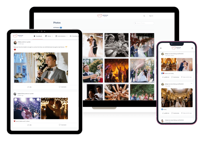 Digital wedding guest book interface for collecting photos with QR code feature on devices.