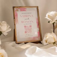 Framed wedding QR code for guest book to collect wedding photos, surrounded by white roses.