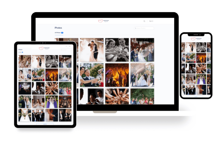 Digital wedding guest book with QR code for collecting wedding photos on tablet, laptop, and smartphone screens.