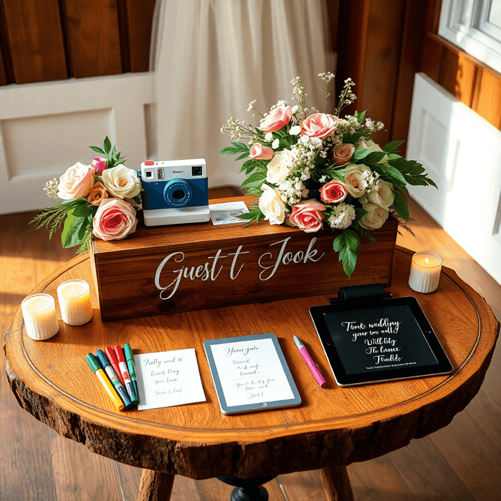 A rustic wooden table decorated with elegant flowers, a polaroid camera, colorful markers, and a digital tablet for guests to leave voice messages ...