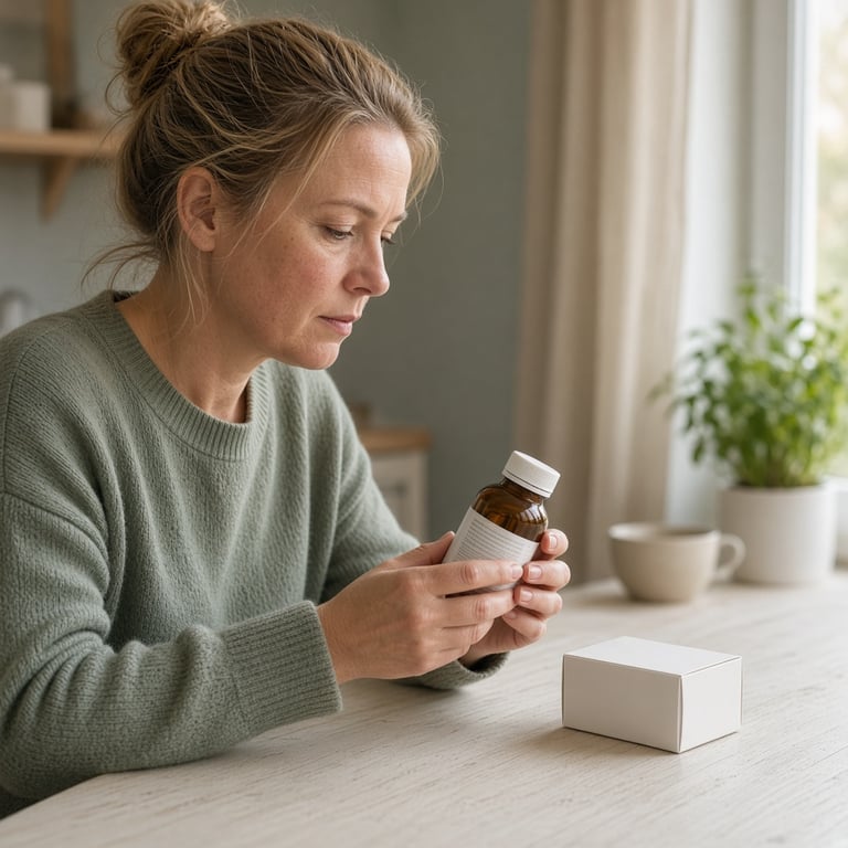 En person leser ingredienslisten på en flaske med naturmiddel ved siden av medisiner