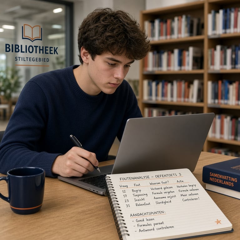 Student maakt een oefentoets aan een laptop in een rustige Nederlandse bibliotheek
