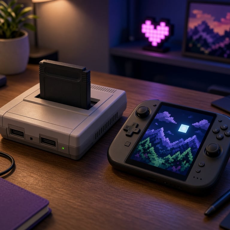 Een klassieke spelcomputer met cartridge naast een moderne handheld op een kleurrijk bureau