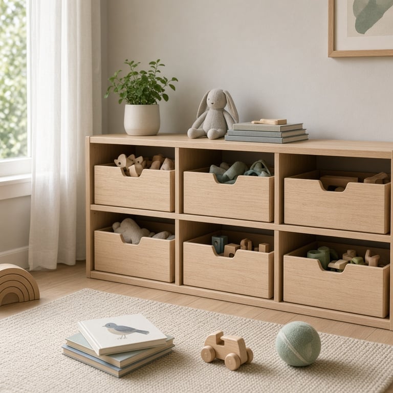 Een lichte Nederlandse kinderkamer met IKEA-opbergers, houten bakken en een rustige speelhoek