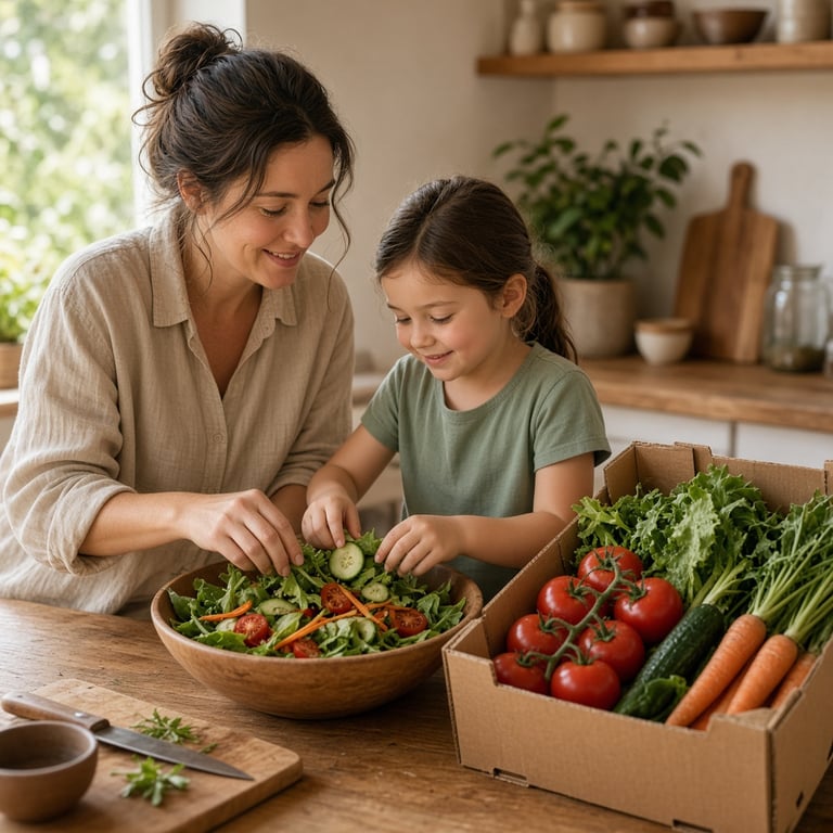 A family preparing a colourful salad beside a delivered box of fresh Australian vegetables