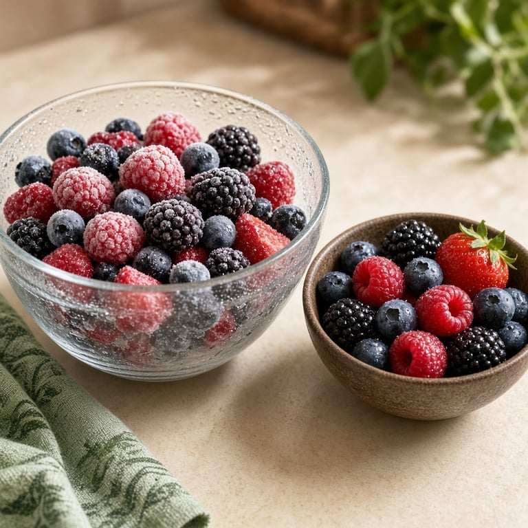 A bowl of frozen berries beside fresh fruit on a warm kitchen bench