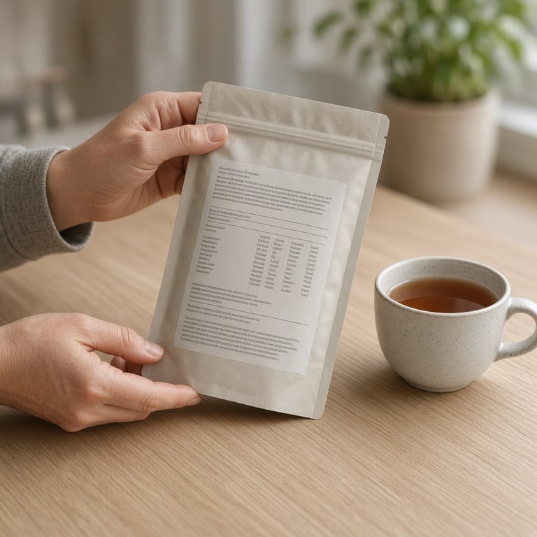 Hender som leser ingredienslisten på en kosttilskuddspakning ved siden av en kopp te