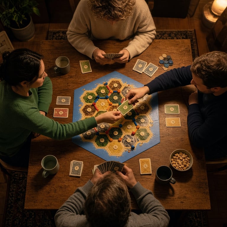 Een warme spelavond met verschillende bordspellen en spelers rond een houten tafel
