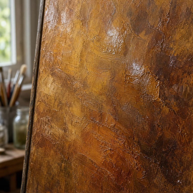 Detail van een origineel schilderij met aardse verflagen in het atelier van Art Peperkamp
