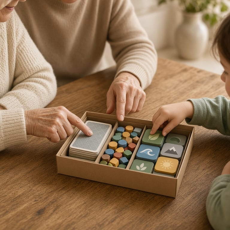 Spelers rond een houten tafel kiezen samen een bordspel uit verschillende dozen