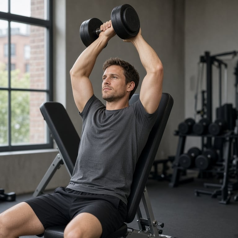 Sporter voert een gecontroleerde triceps oefening met een dumbbell uit in een lichte trainingsruimte