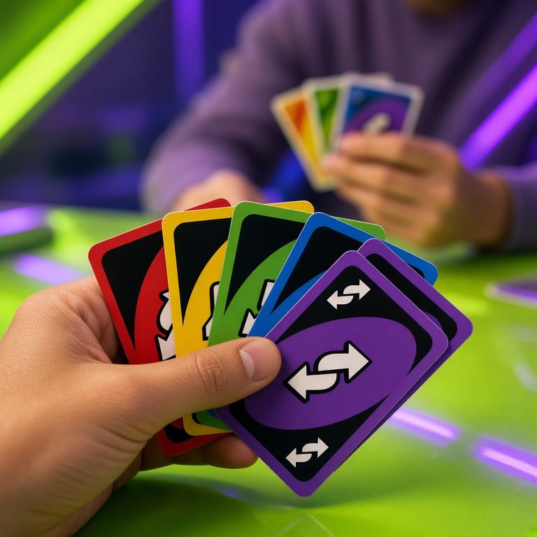 Een hand houdt een UNO-actiekaart boven een gesorteerde hand met kaarten, met kleurkeuzes zichtbaar