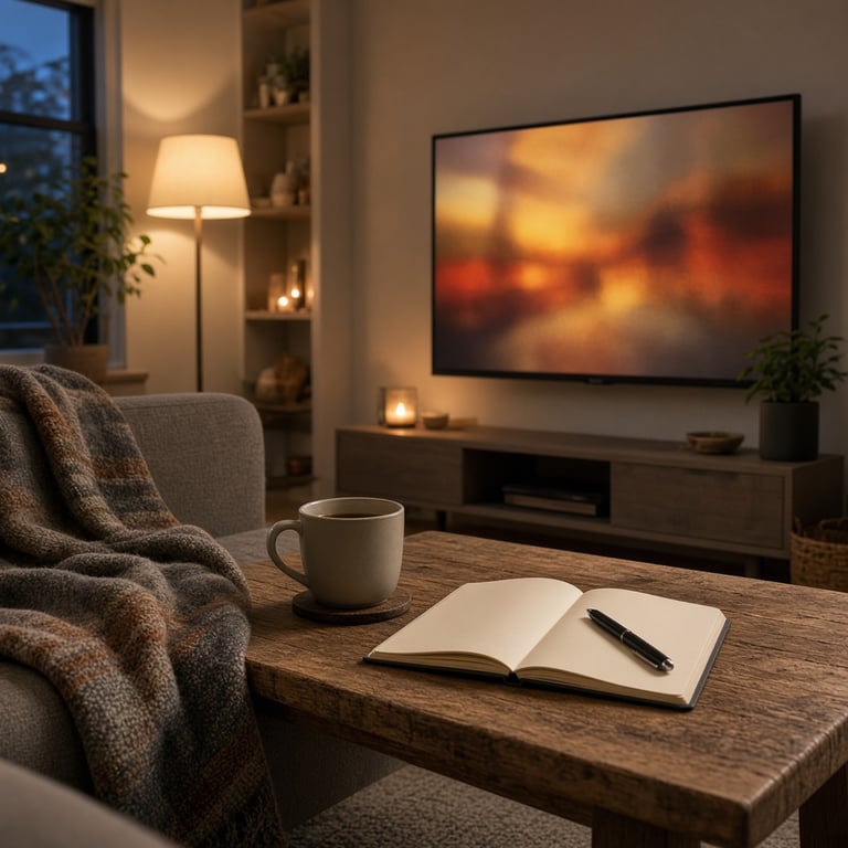 Een Nederlandse woonkamer met televisie, plaid en notitieboek voor een ontspannen serieavond