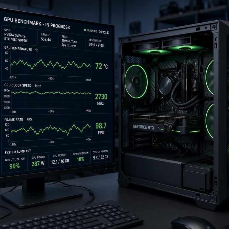 A GPU benchmarking workstation with monitoring graphs for temperature, clock speed, and frame rate