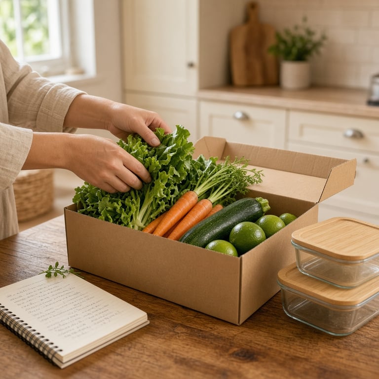 A friendly home delivery of fresh Australian vegetables being unpacked beside a recipe notebook and reusable storage containers