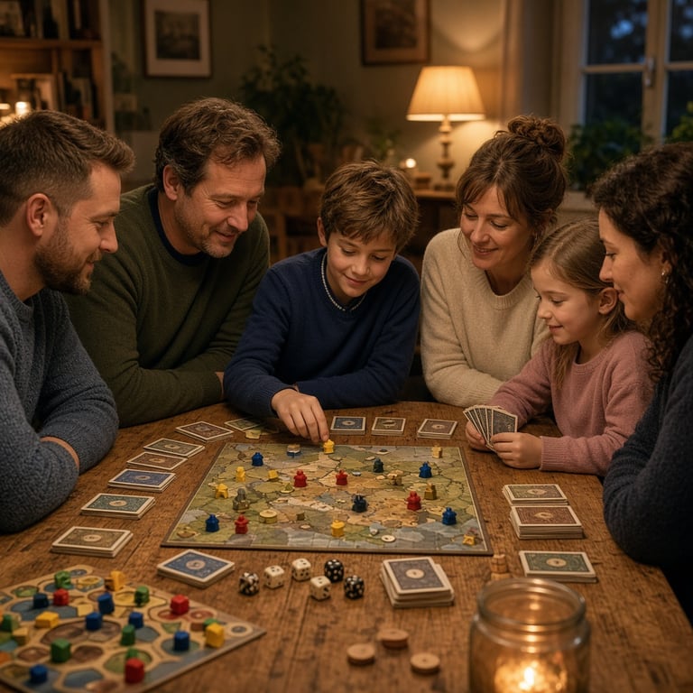 Bordspellen en kaartspellen op een warme tafel klaar voor een spelavond