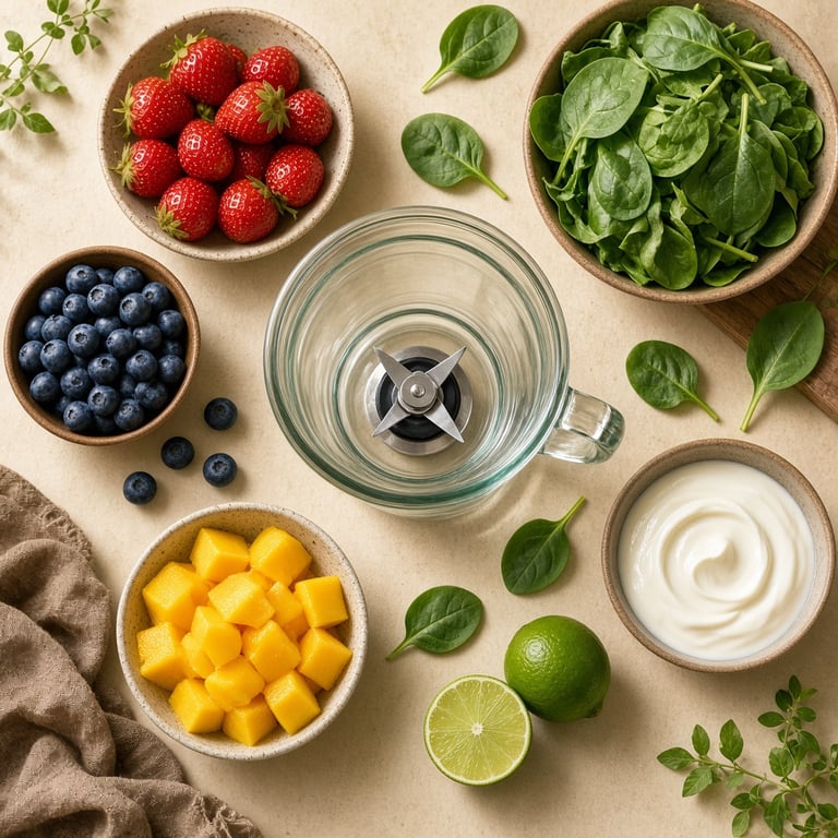 Colourful fruit smoothie ingredients with leafy greens, lime and yoghurt on a warm kitchen bench