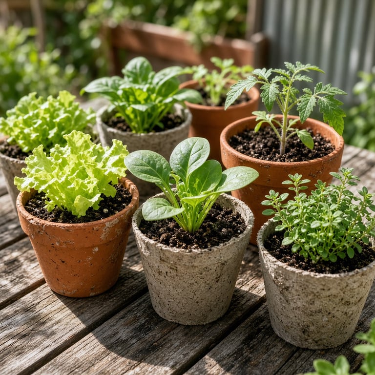 Colourful vegetable seedlings in small pots on a sunny backyard table