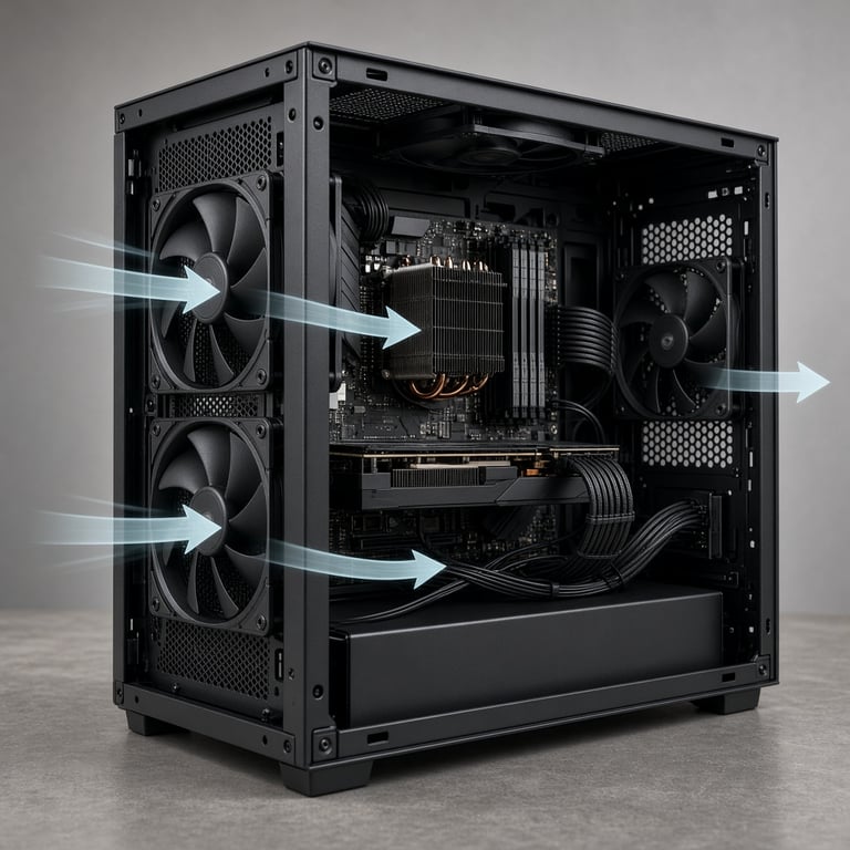 Open pc-behuizing met stille ventilatoren en overzichtelijke kabels voor betere airflow