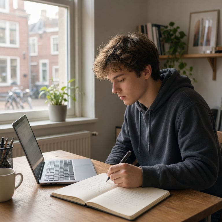 Een Nederlandse student bereidt zich aan een bureau voor op een Kahoot-quiz met laptop, notitieblok en telefoon buiten beeld