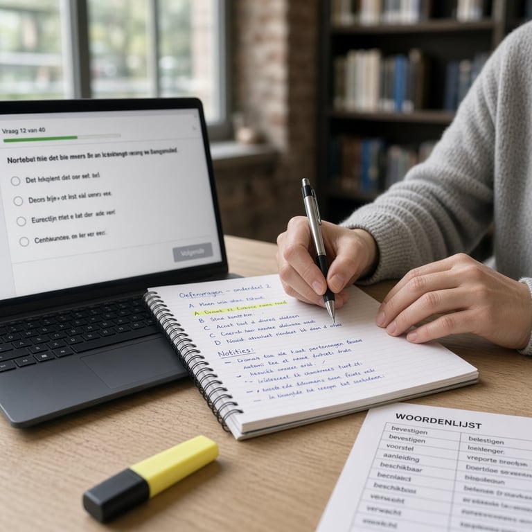 Volwassen cursist oefent met Nederlandse examenvragen aan een laptop