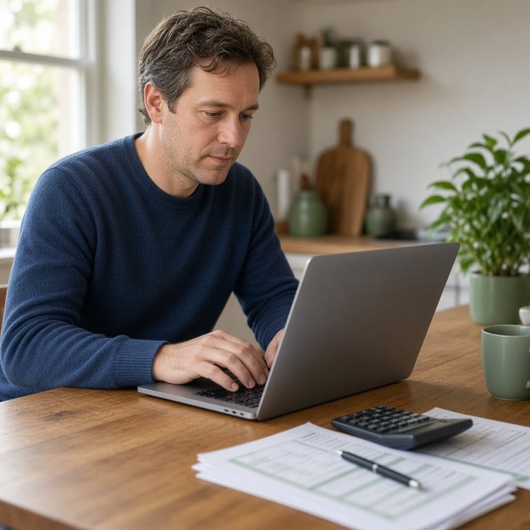 Lezer bekijkt thuis aan de keukentafel een overzicht van inkomsten, uitgaven en spaardoelen op een laptop