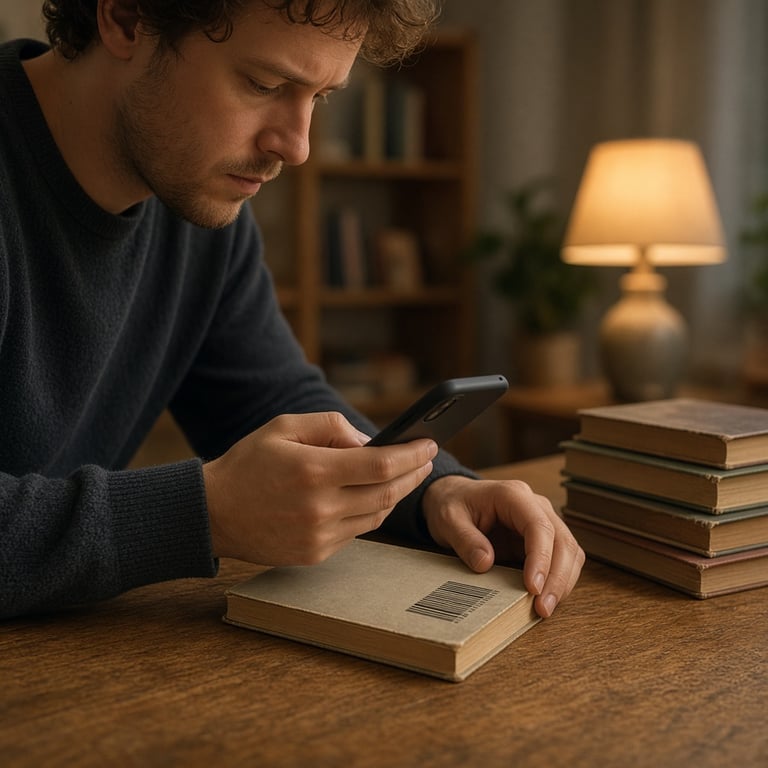 Een stapel tweedehands boeken naast een smartphone met een ISBN-scan