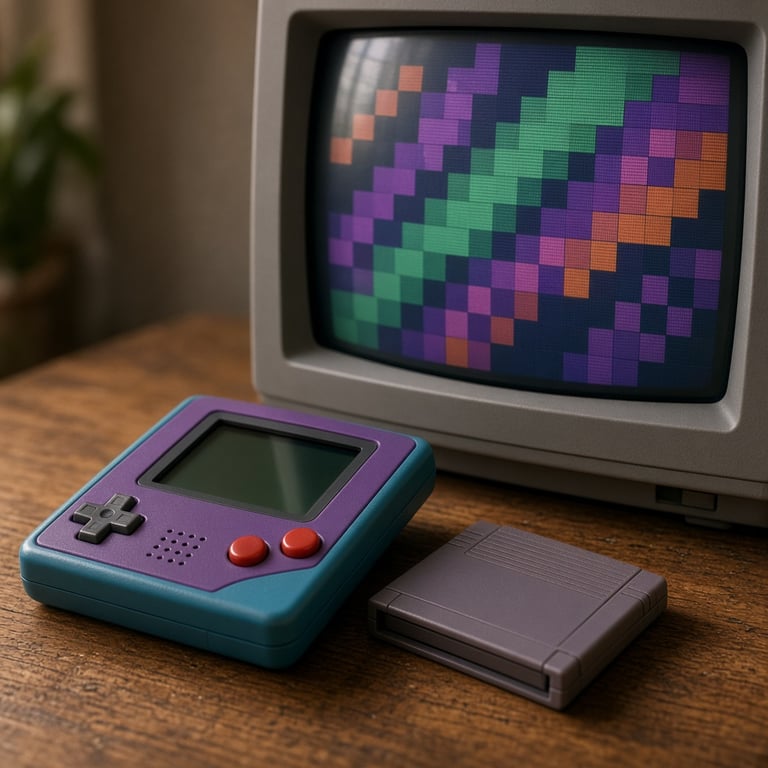 Een kleurrijke retro gameopstelling met handheld, cartridge en pixelachtig scherm