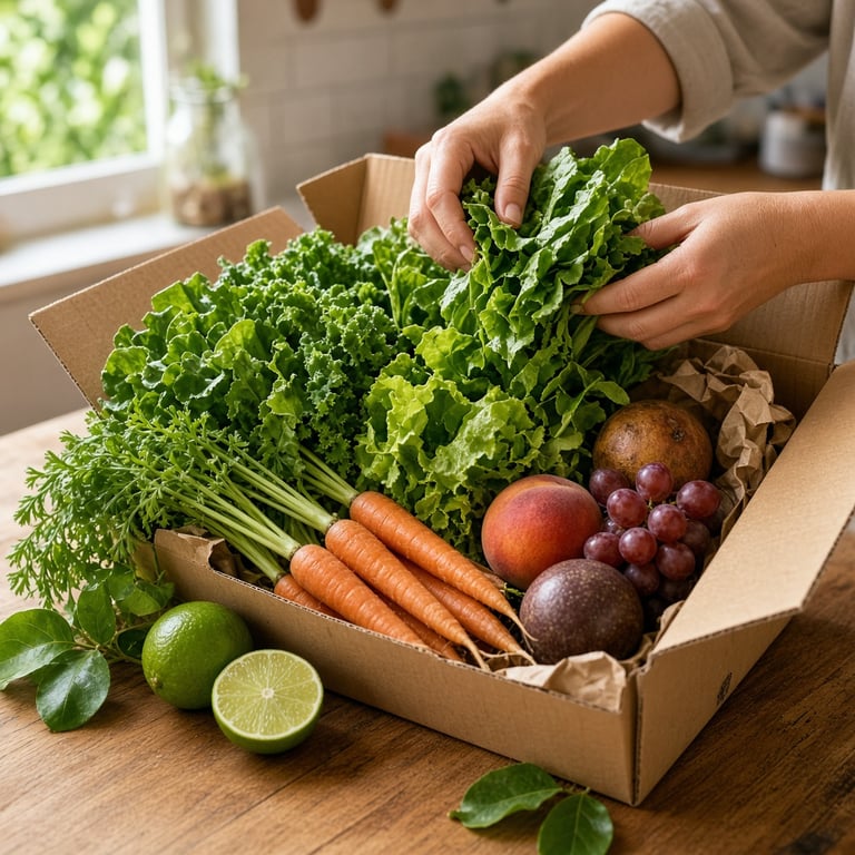 A bright produce box filled with leafy greens, limes, carrots and seasonal fruit on a warm kitchen bench