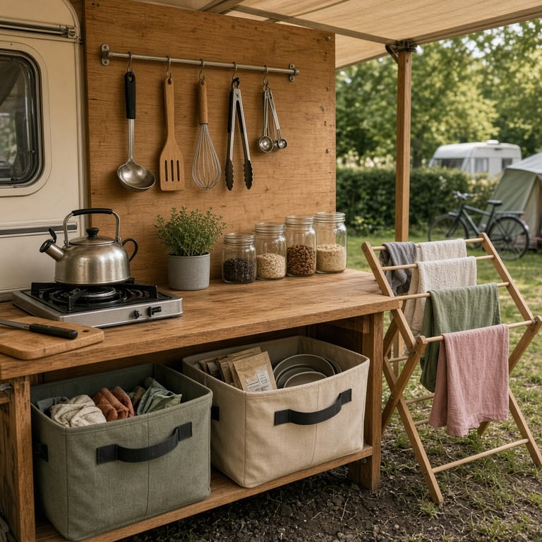 Een compacte camperkeuken met IKEA opbergers, bakjes en droogrek tijdens een kampeertrip