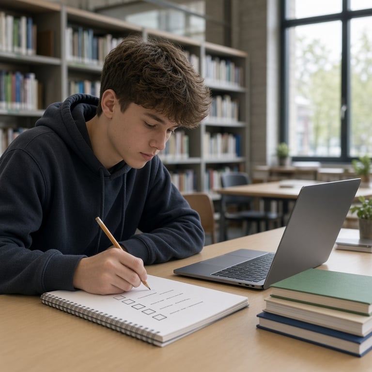 Een Nederlandse leerling maakt een planning met een checklist aan een bureau in de bibliotheek