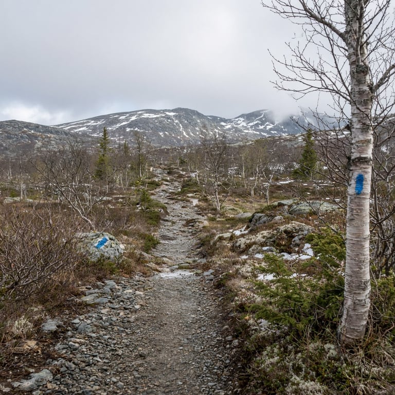 Blåmerket fjellsti fra Tempelseter mot Istjern, med grusvei i forgrunnen og fjellskog rundt