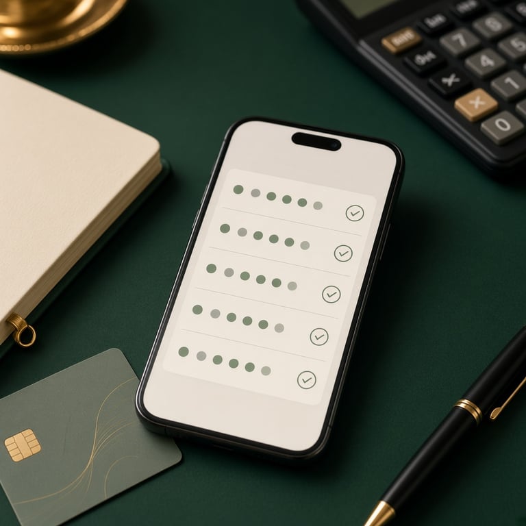 A phone displaying a clearly labelled pokies comparison checklist beside a notebook, bank card, and calculator on a deep emerald desk