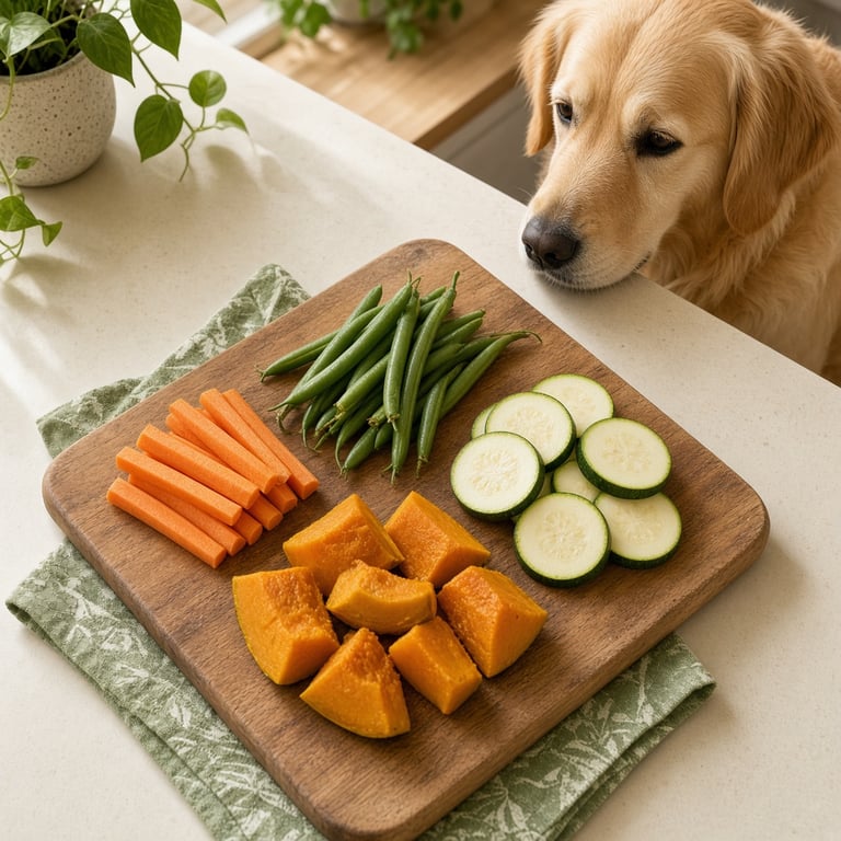 A happy dog beside a bowl of plain carrots, green beans, zucchini, and pumpkin in a bright Australian kitchen