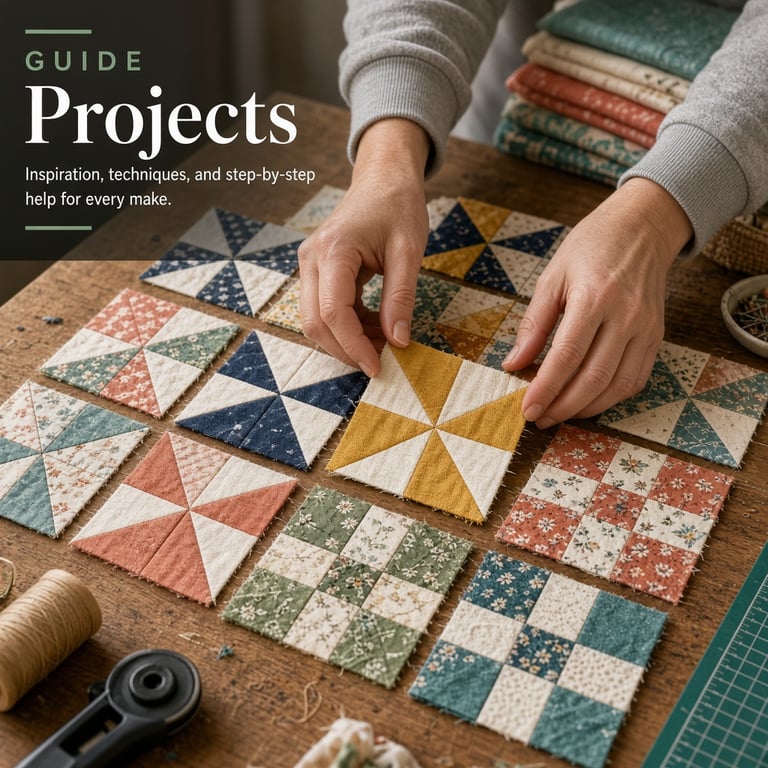 Hands arranging quilt blocks on a sewing table