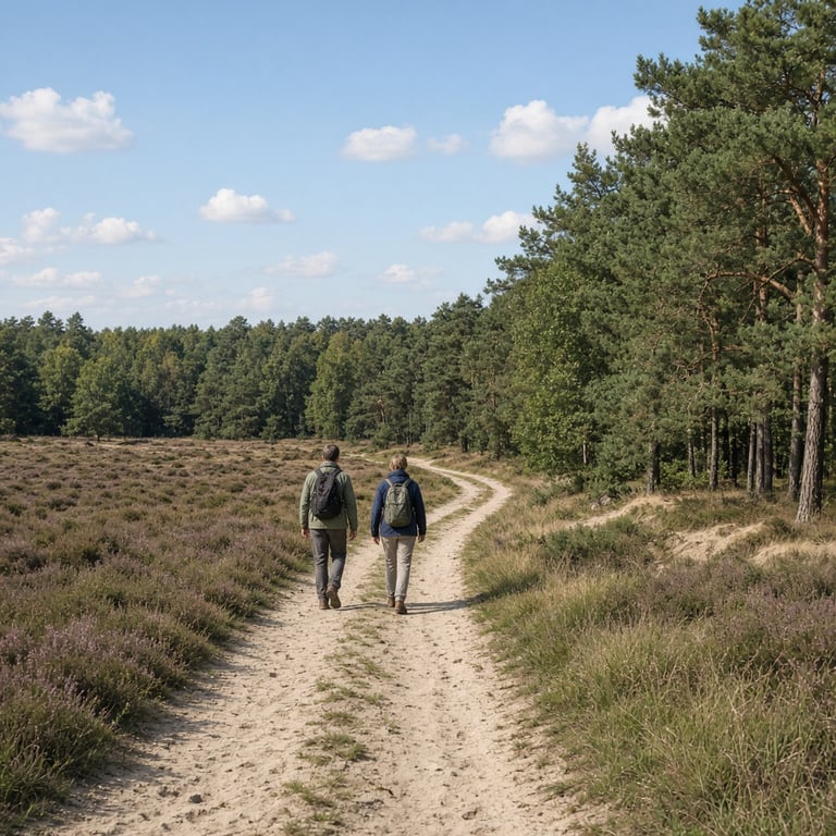 Wandelaars tussen de bomen en heide bij Apeldoorn op de Veluwe